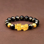 Fortune Jewel Natural Gold Sheen Obsidian PiXiu Om Mani Padme Hum Wealth Bracelet