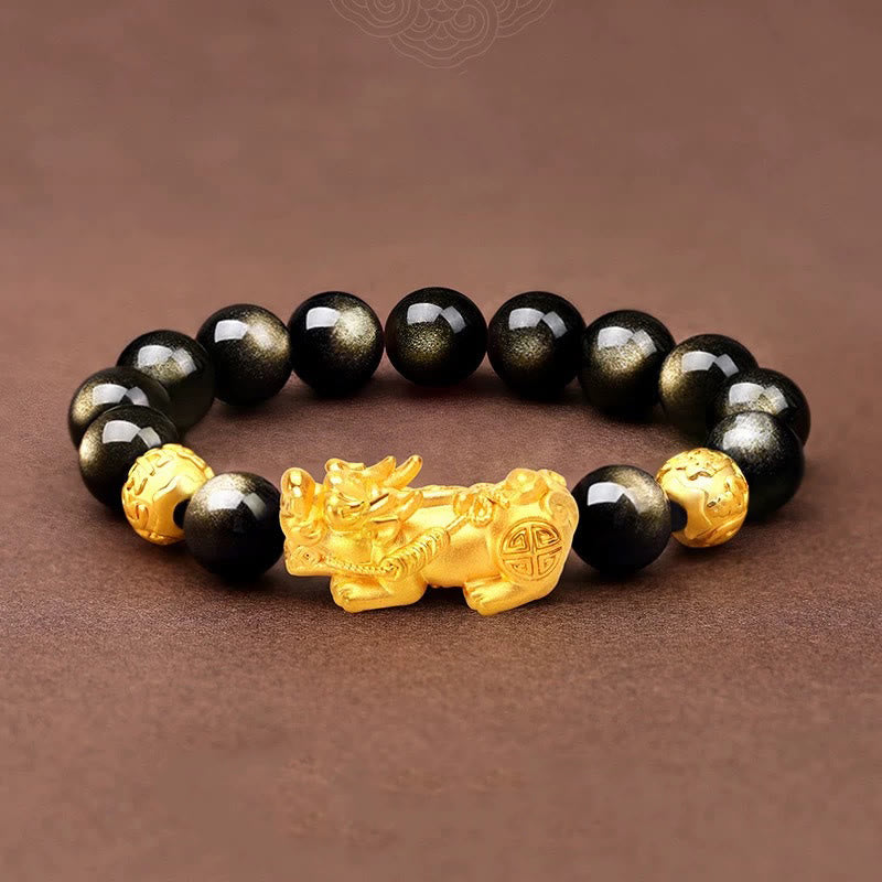 Fortune Jewel Natural Gold Sheen Obsidian PiXiu Om Mani Padme Hum Wealth Bracelet