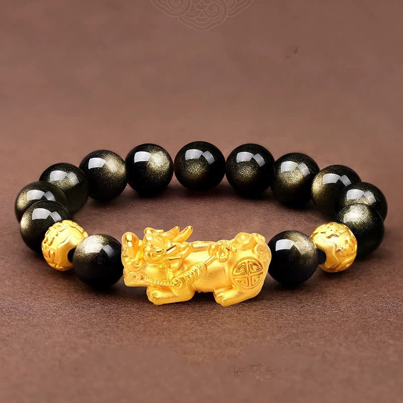 Fortune Jewel Natural Gold Sheen Obsidian PiXiu Om Mani Padme Hum Wealth Bracelet