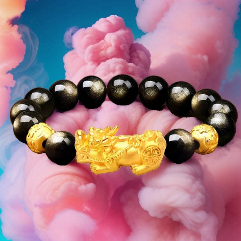 Fortune Jewel Natural Gold Sheen Obsidian PiXiu Om Mani Padme Hum Wealth Bracelet