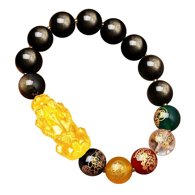 Fortune Jewel Natural Gold Sheen Obsidian PiXiu Five Directions Gods of Wealth Protection Bracelet