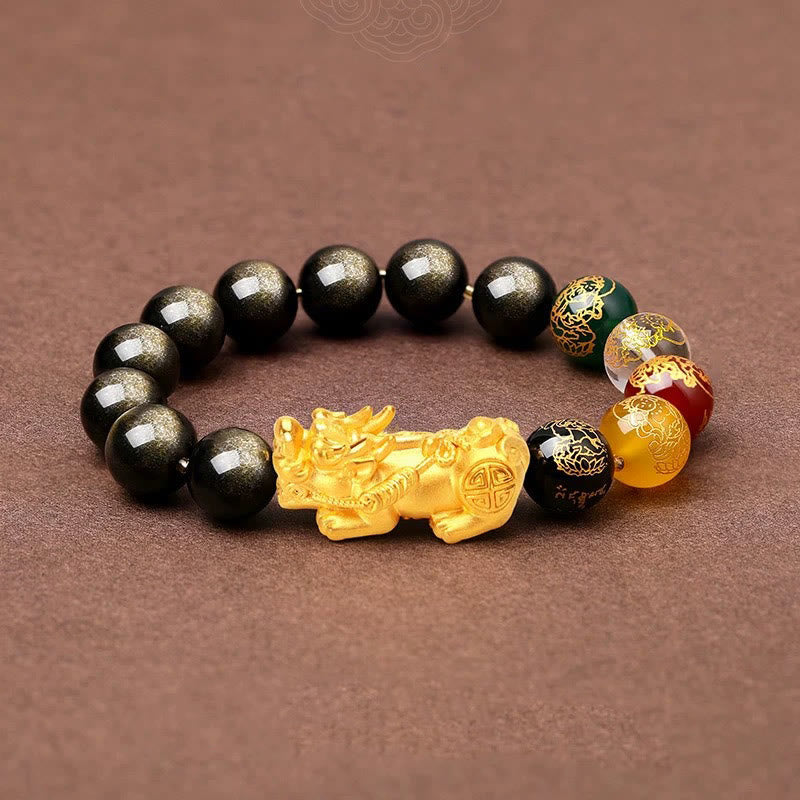 Fortune Jewel Natural Gold Sheen Obsidian PiXiu Five Directions Gods of Wealth Protection Bracelet