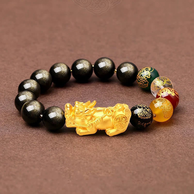 Fortune Jewel Natural Gold Sheen Obsidian PiXiu Five Directions Gods of Wealth Protection Bracelet