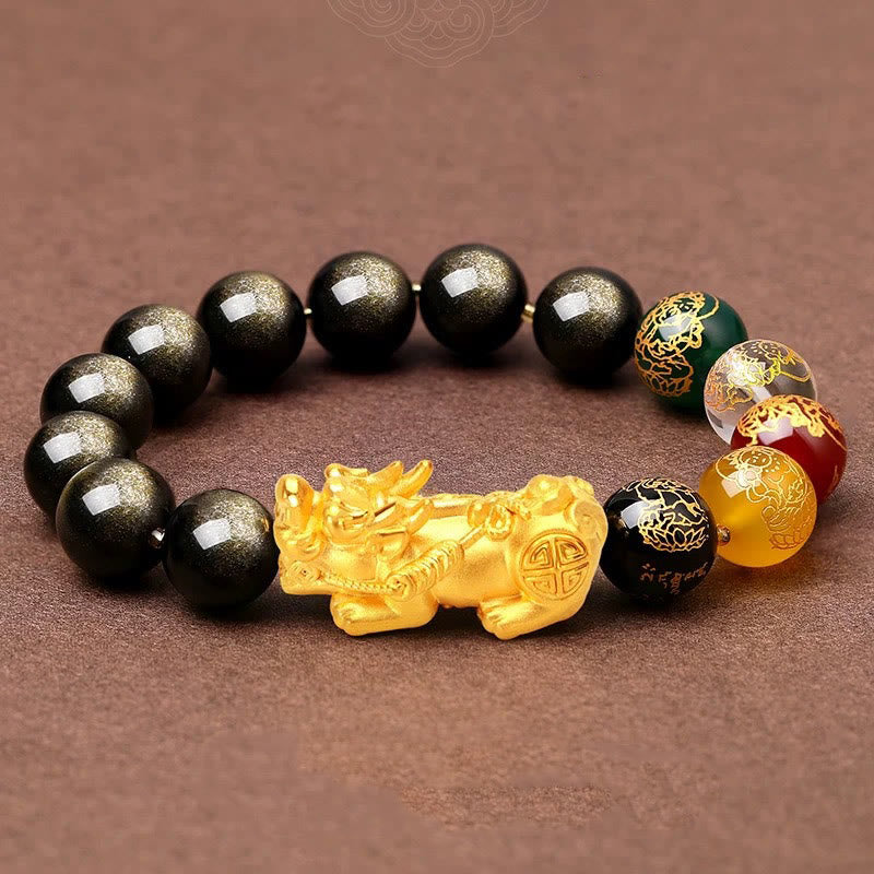 Fortune Jewel Natural Gold Sheen Obsidian PiXiu Five Directions Gods of Wealth Protection Bracelet