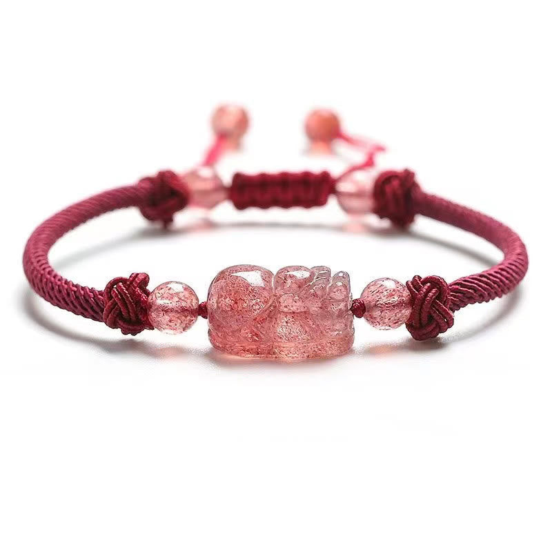 Fortune Jewel Natural Strawberry Quartz PiXiu Red String Braided Protection Bracelet