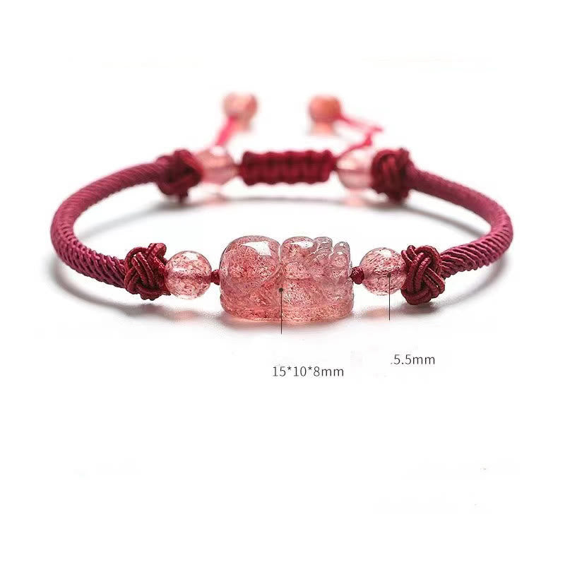 Fortune Jewel Natural Strawberry Quartz PiXiu Red String Braided Protection Bracelet