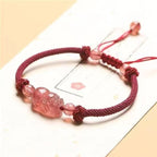 Fortune Jewel Natural Strawberry Quartz PiXiu Red String Braided Protection Bracelet