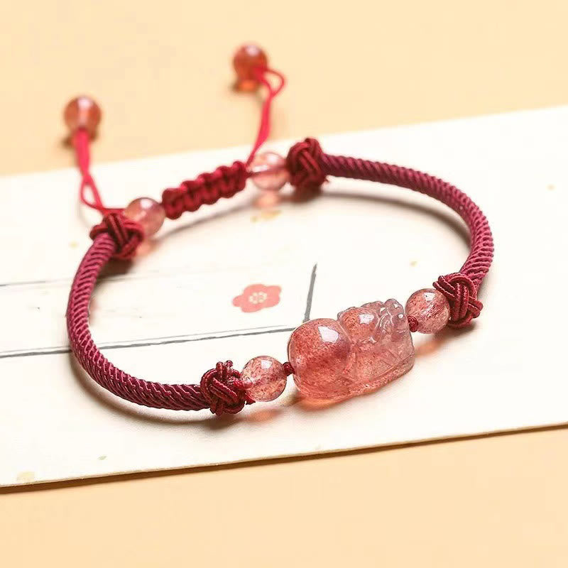 Fortune Jewel Natural Strawberry Quartz PiXiu Red String Braided Protection Bracelet