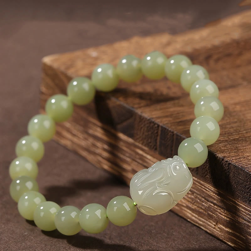 Fortune Jewel Natural Hetian Jade PiXiu Carved Luck Bracelet