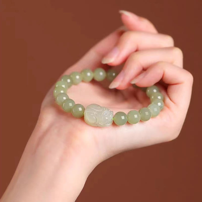 Fortune Jewel Natural Hetian Jade PiXiu Carved Luck Bracelet