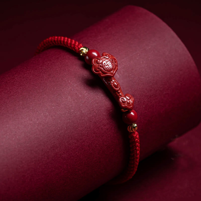 Fortune Jewel Handmade Cinnabar Ruyi Handle Fu Character PiXiu Blessing Red String Braided Bracelet