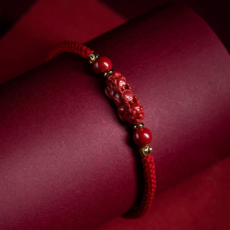 Fortune Jewel Handmade Cinnabar Ruyi Handle Fu Character PiXiu Blessing Red String Braided Bracelet