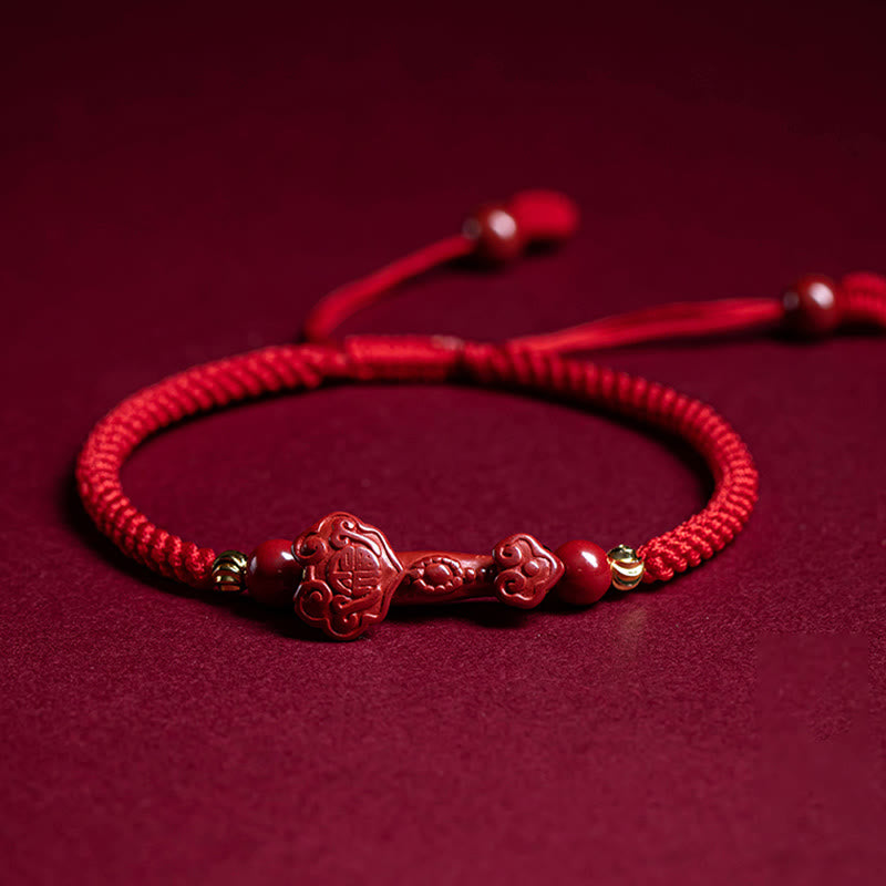Fortune Jewel Handmade Cinnabar Ruyi Handle Fu Character PiXiu Blessing Red String Braided Bracelet