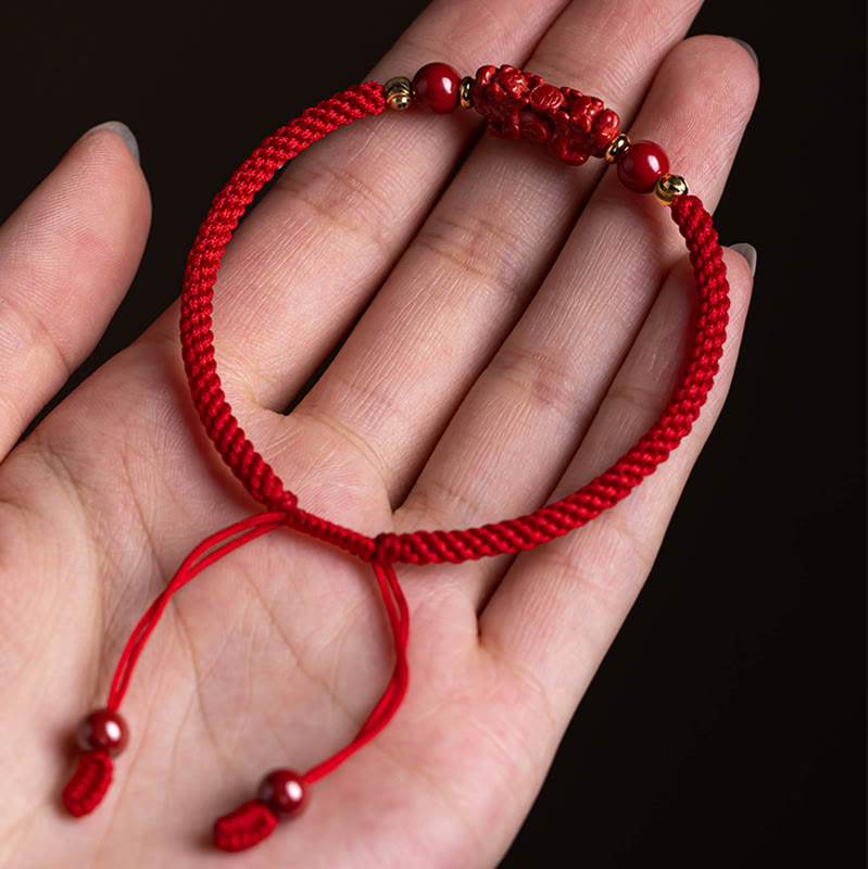 Fortune Jewel Handmade Cinnabar Ruyi Handle Fu Character PiXiu Blessing Red String Braided Bracelet