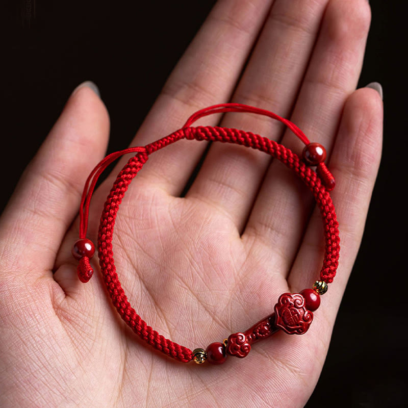 Fortune Jewel Handmade Cinnabar Ruyi Handle Fu Character PiXiu Blessing Red String Braided Bracelet