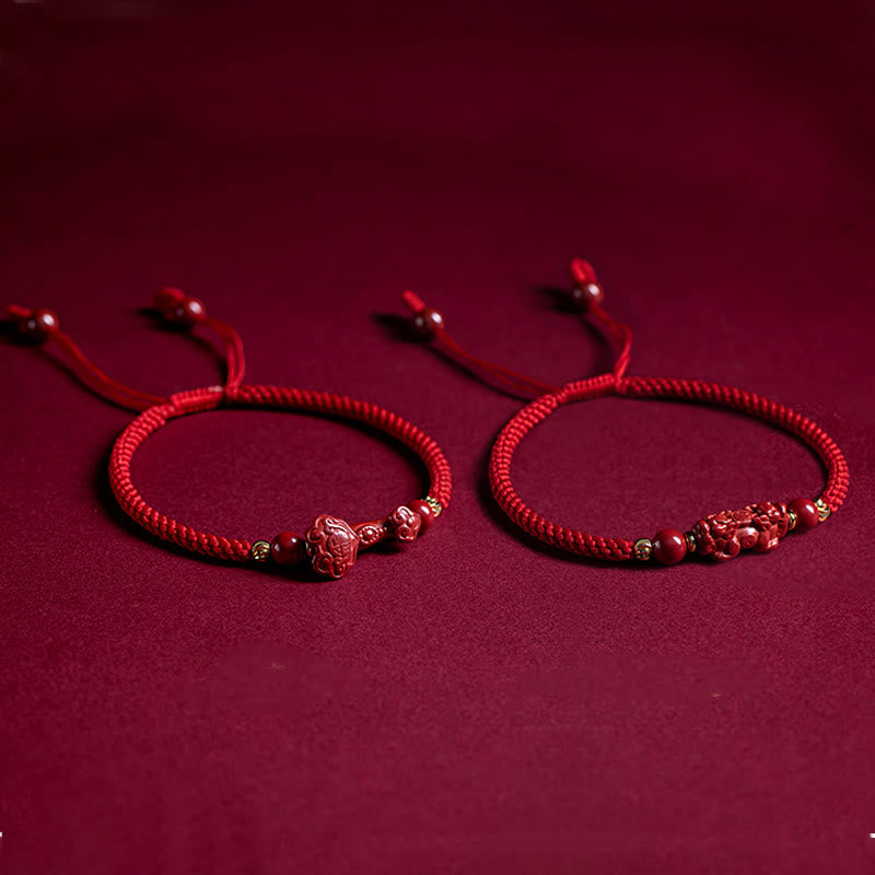 Fortune Jewel Handmade Cinnabar Ruyi Handle Fu Character PiXiu Blessing Red String Braided Bracelet