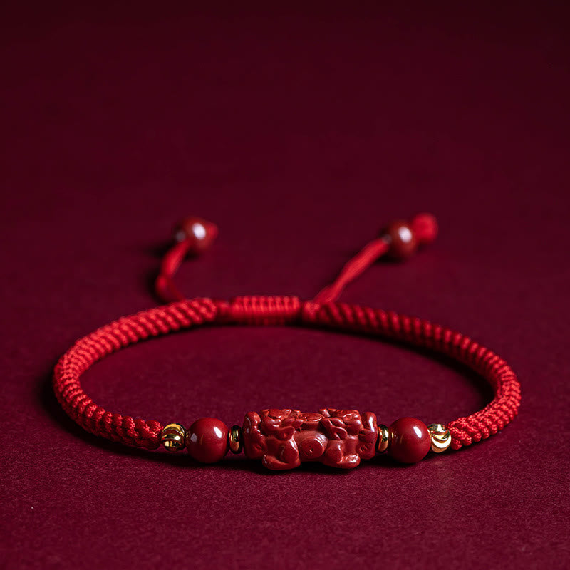 Fortune Jewel Handmade Cinnabar Ruyi Handle Fu Character PiXiu Blessing Red String Braided Bracelet
