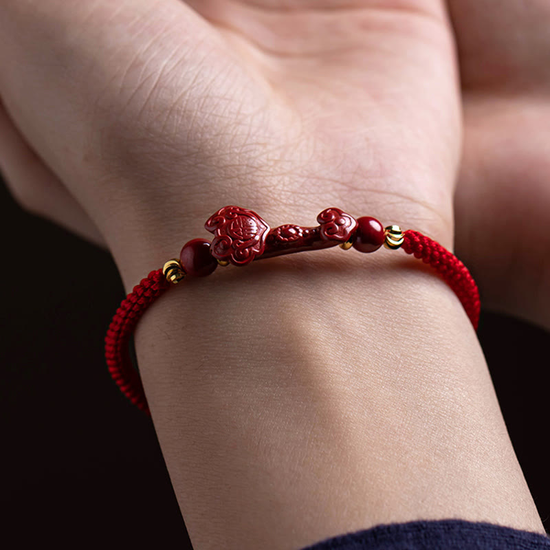 Fortune Jewel Handmade Cinnabar Ruyi Handle Fu Character PiXiu Blessing Red String Braided Bracelet