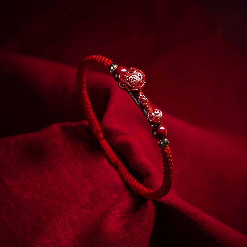 Fortune Jewel Handmade Cinnabar Ruyi Handle Fu Character PiXiu Blessing Red String Braided Bracelet