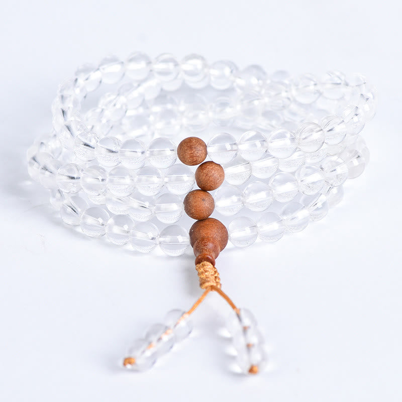 Fortune Jewel 108 Mala Beads Natural Stone White Crystal Sandalwood Healing Bracelet