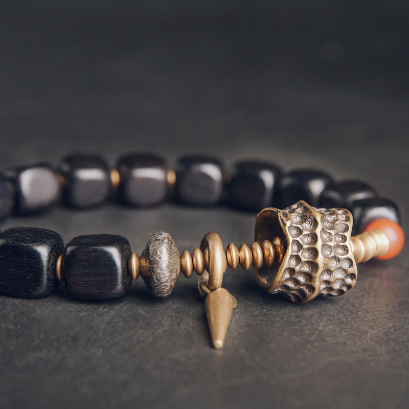 Fortune Jewel Ebony Wood Copper Brass Red Agate Peace Bracelet