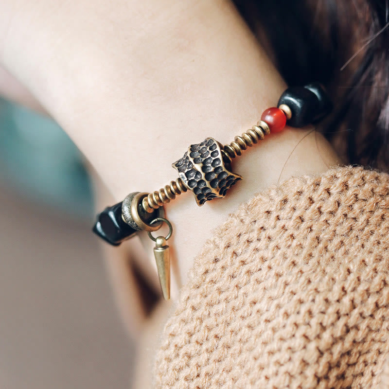 Fortune Jewel Ebony Wood Copper Brass Red Agate Peace Bracelet