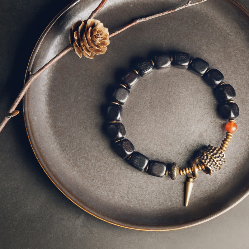 Fortune Jewel Ebony Wood Copper Brass Red Agate Peace Bracelet