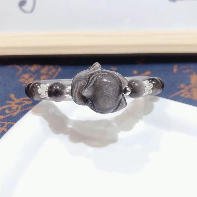 Fortune Jewel Natural Silver Sheen Obsidian Nine Tailed Fox Communication Bracelet