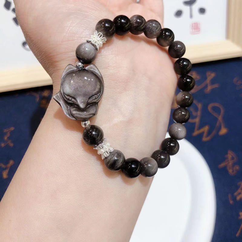 Fortune Jewel Natural Silver Sheen Obsidian Nine Tailed Fox Communication Bracelet