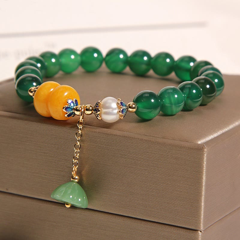 Fortune Jewel Green Agate Amber Pearl Lotus Pod Support Bracelet