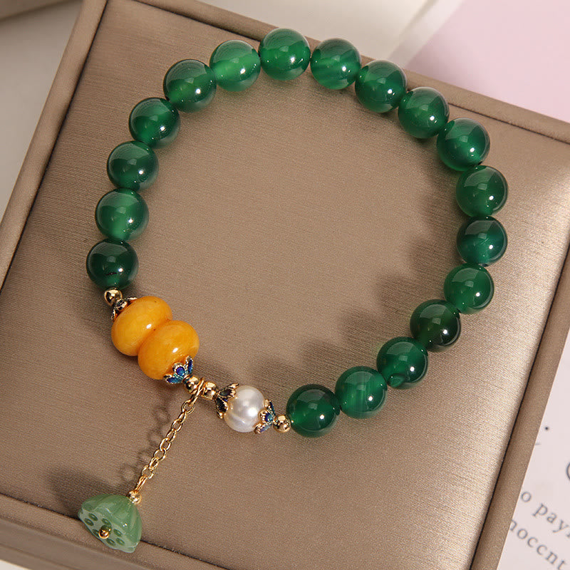 Fortune Jewel Green Agate Amber Pearl Lotus Pod Support Bracelet