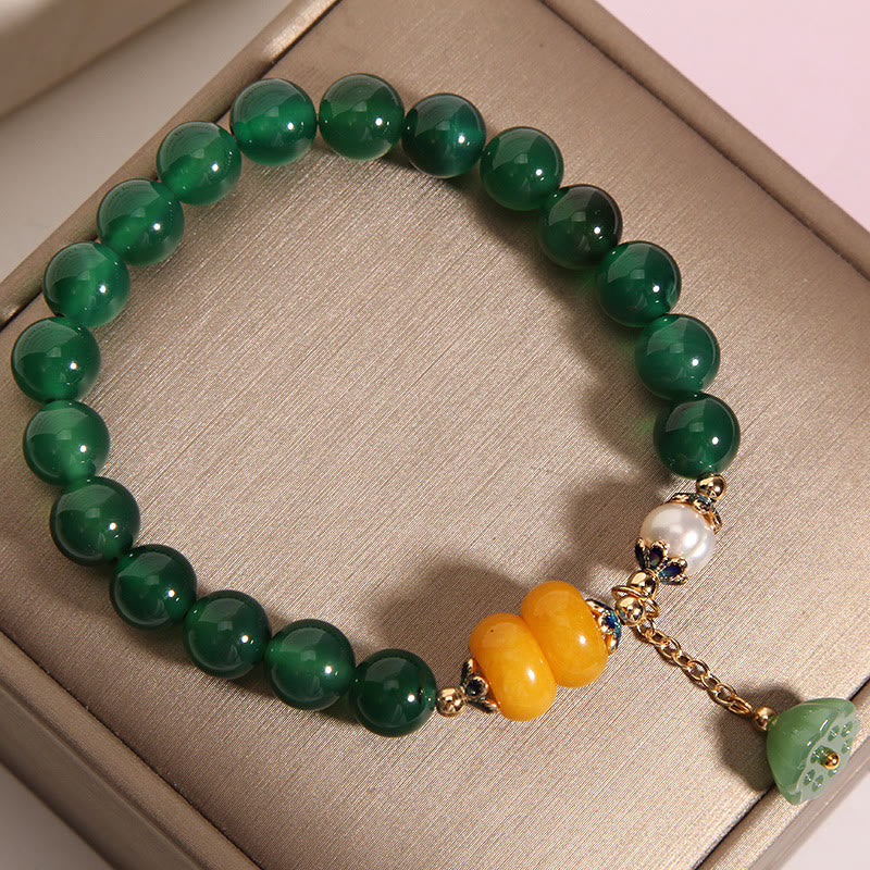 Fortune Jewel Green Agate Amber Pearl Lotus Pod Support Bracelet