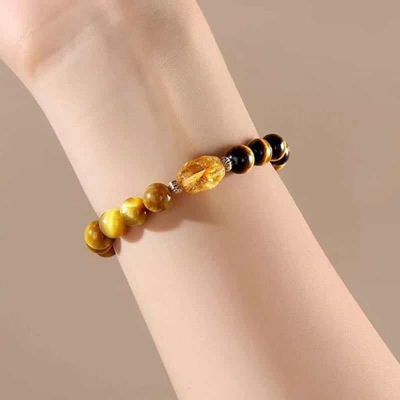 Fortune Jewel Natural Yellow Black Tiger Eye Citrine Strength Bracelet