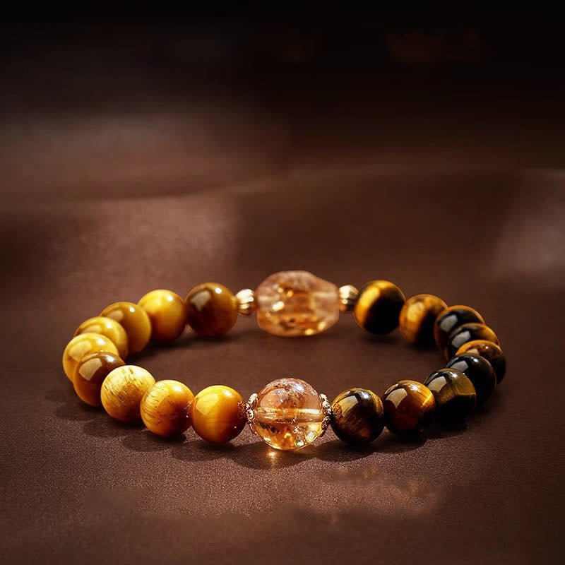 Fortune Jewel Natural Yellow Black Tiger Eye Citrine Strength Bracelet