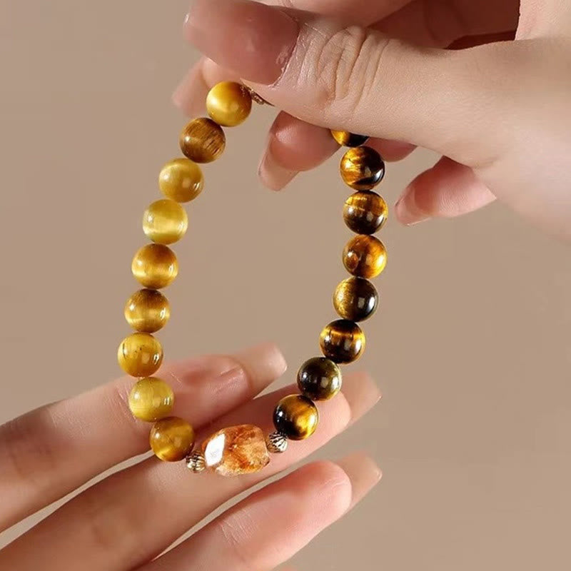 Fortune Jewel Natural Yellow Black Tiger Eye Citrine Strength Bracelet