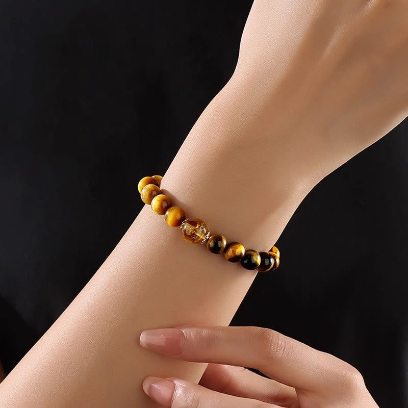 Fortune Jewel Natural Yellow Black Tiger Eye Citrine Strength Bracelet