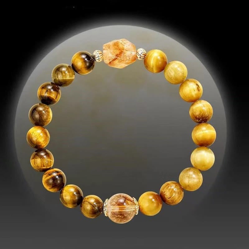 Fortune Jewel Natural Yellow Black Tiger Eye Citrine Strength Bracelet