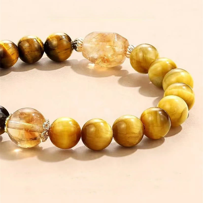 Fortune Jewel Natural Yellow Black Tiger Eye Citrine Strength Bracelet