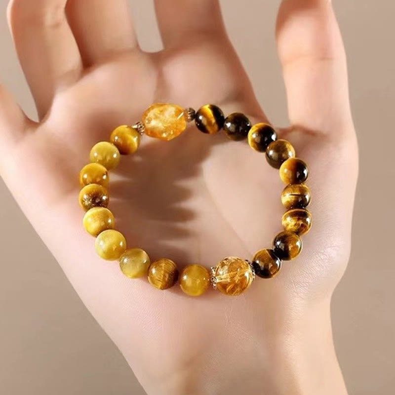 Fortune Jewel Natural Yellow Black Tiger Eye Citrine Strength Bracelet