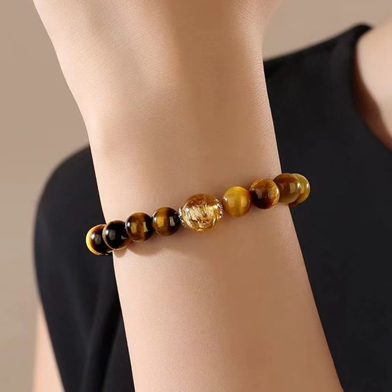 Fortune Jewel Natural Yellow Black Tiger Eye Citrine Strength Bracelet