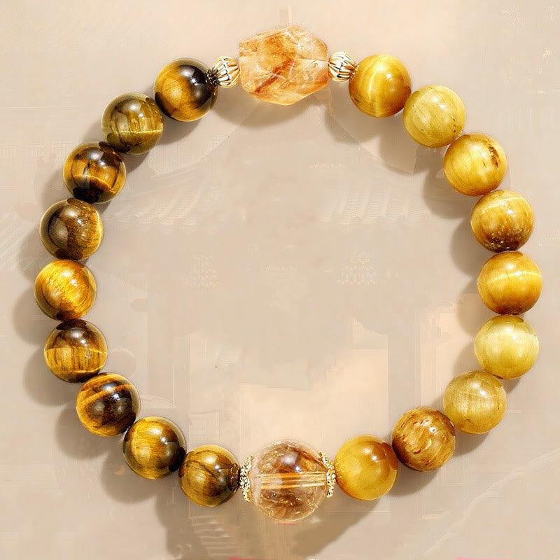 Fortune Jewel Natural Yellow Black Tiger Eye Citrine Strength Bracelet