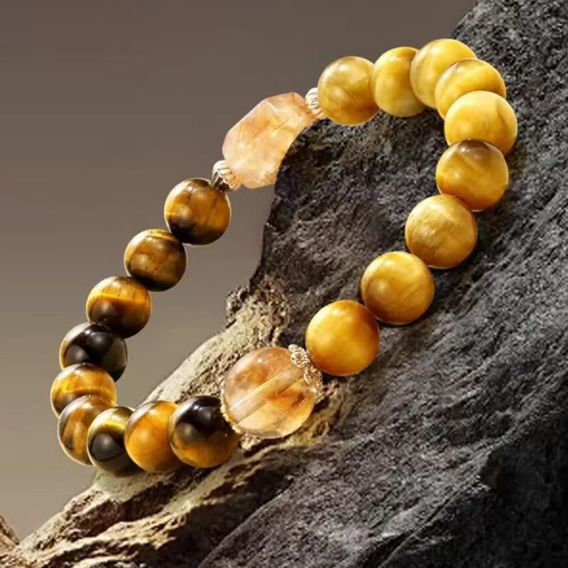 Fortune Jewel Natural Yellow Black Tiger Eye Citrine Strength Bracelet