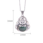Fortune Jewel 999 Sterling Silver Laughing Buddha Cyan Jade Lotus Success Necklace Chain Pendant Fortune Jewel