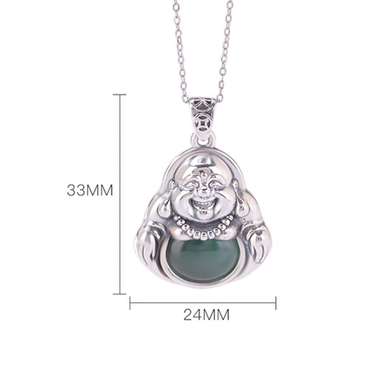 Fortune Jewel 999 Sterling Silver Laughing Buddha Cyan Jade Lotus Success Necklace Chain Pendant Fortune Jewel