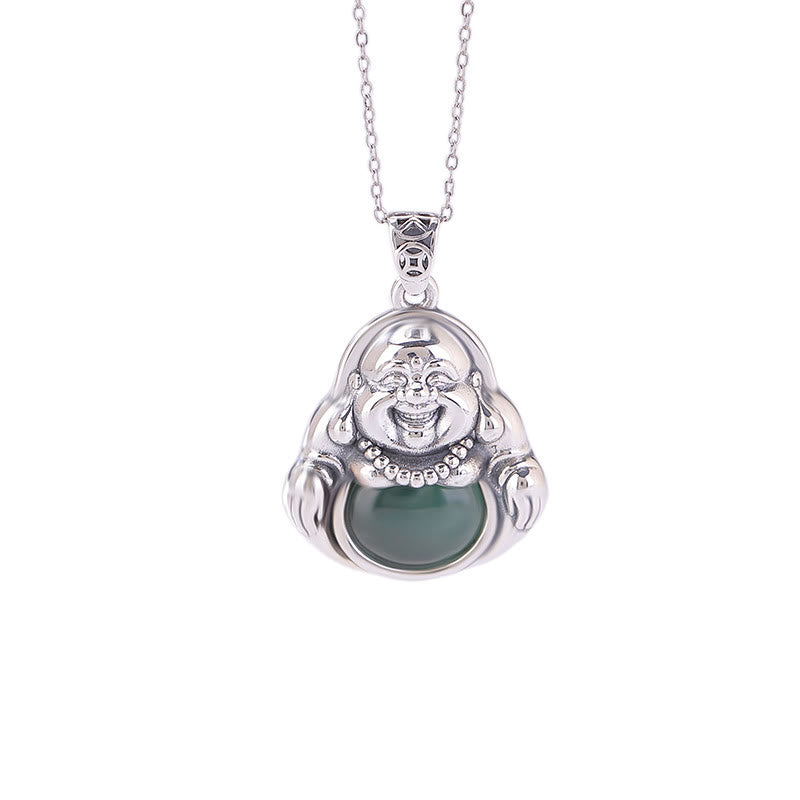 Fortune Jewel 999 Sterling Silver Laughing Buddha Cyan Jade Lotus Success Necklace Chain Pendant Fortune Jewel