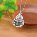 Fortune Jewel 999 Sterling Silver Laughing Buddha Cyan Jade Lotus Success Necklace Chain Pendant Fortune Jewel