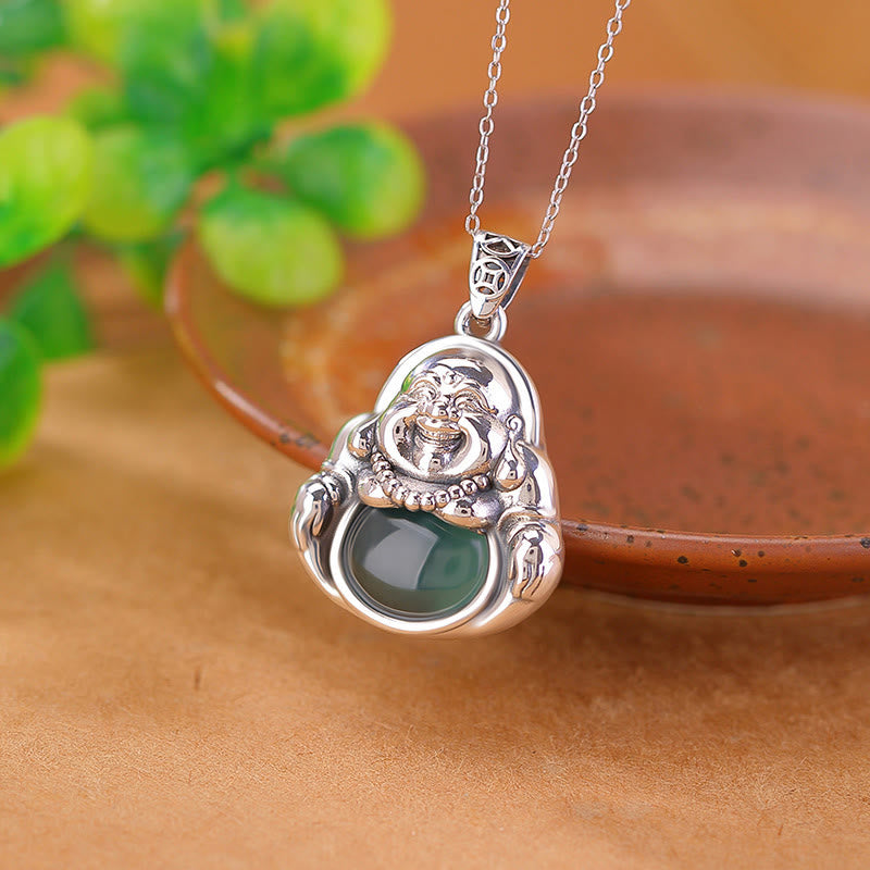 Fortune Jewel 999 Sterling Silver Laughing Buddha Cyan Jade Lotus Success Necklace Chain Pendant Fortune Jewel
