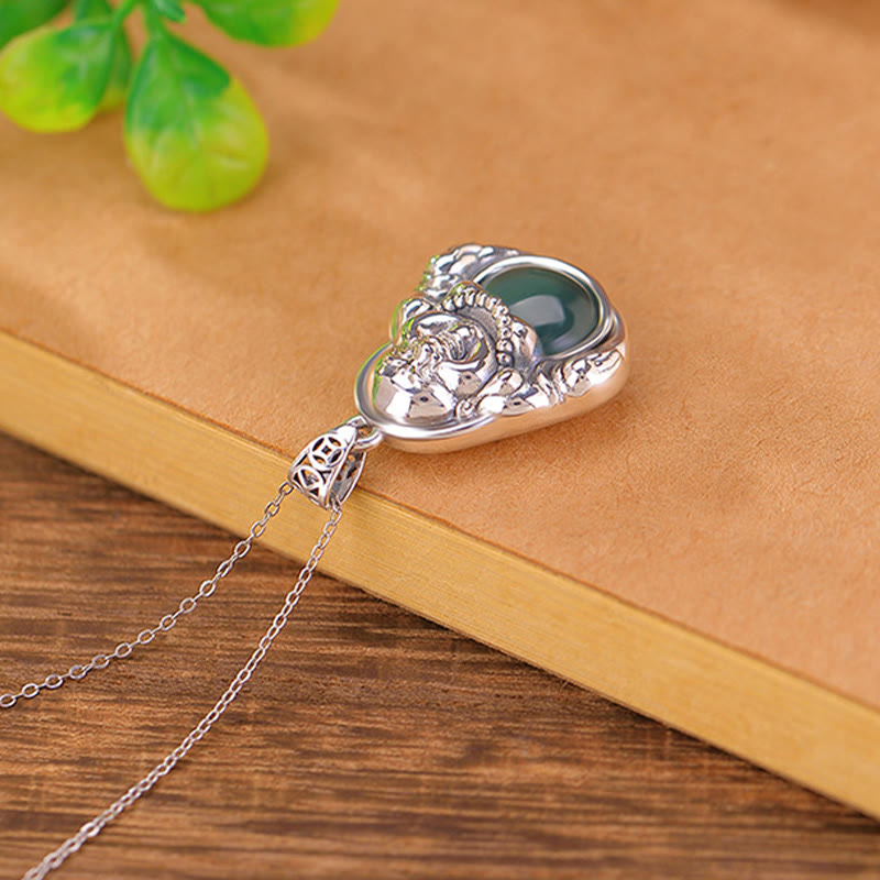 Fortune Jewel 999 Sterling Silver Laughing Buddha Cyan Jade Lotus Success Necklace Chain Pendant Fortune Jewel
