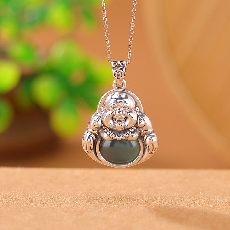 Fortune Jewel 999 Sterling Silver Laughing Buddha Cyan Jade Lotus Success Necklace Chain Pendant Fortune Jewel