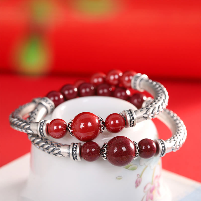 Fortune Jewel 999 Sterling Silver Cinnabar Wheat Ears Blessing Bracelet Bangle